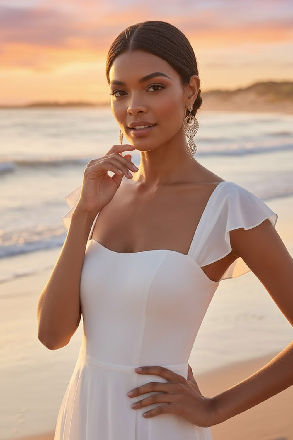 White Square Neck A-Line Ruffled Chiffon Long Wedding Reception Dress