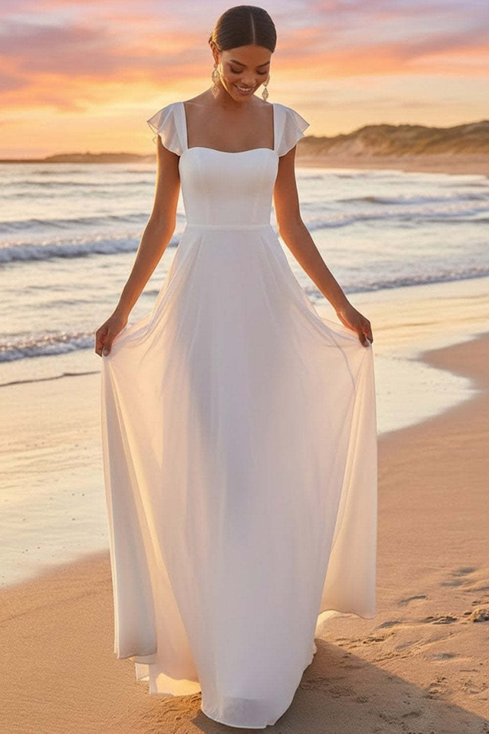 White Square Neck A-Line Ruffled Chiffon Long Wedding Reception Dress