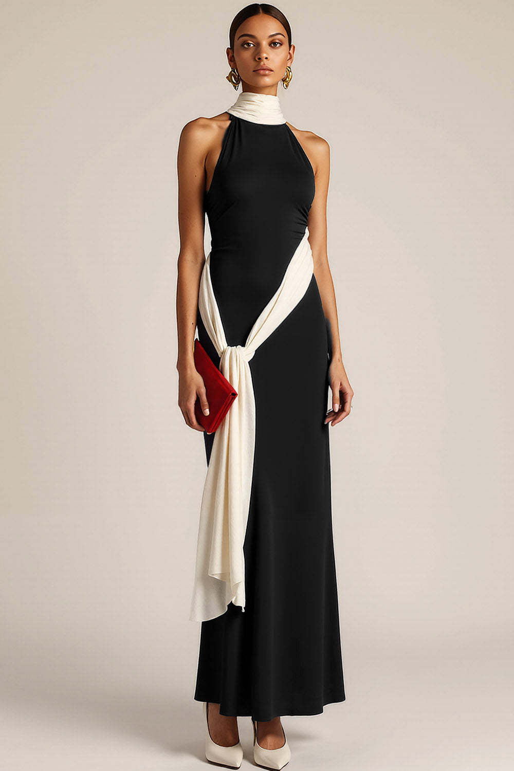 Leely Women Black Sheath Long Formal Dress with Sash High Neck Criss Cross Back Evening Dress