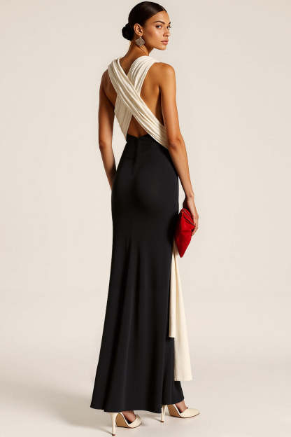 Black High Neck Sheath Long Formal Dress with Sash