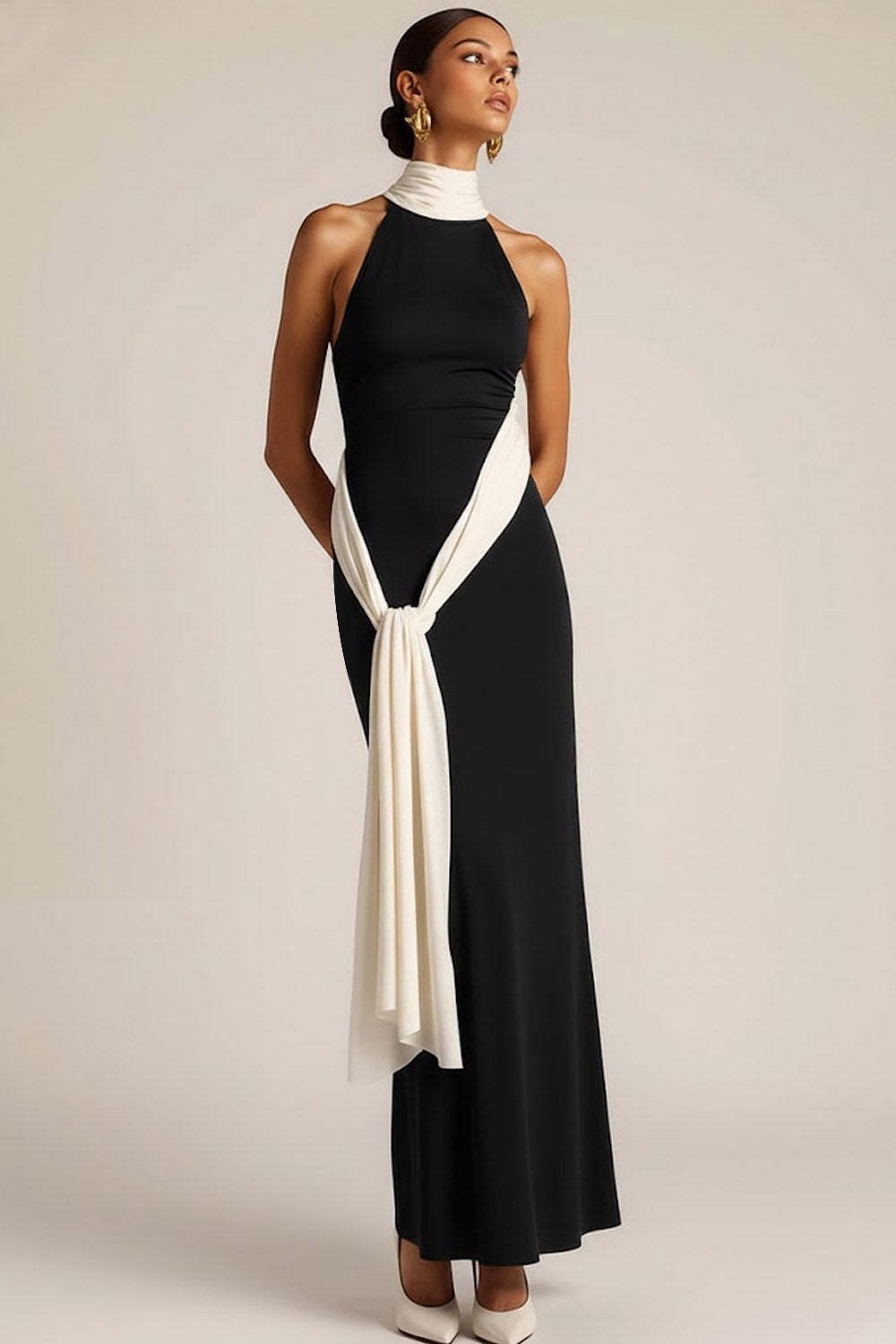 Black High Neck Sheath Long Formal Dress with Sash