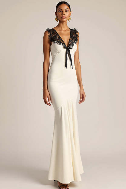 Leely Women White Mermaid Long Formal Dress with Bow V-Neck Evening Dress with Lace