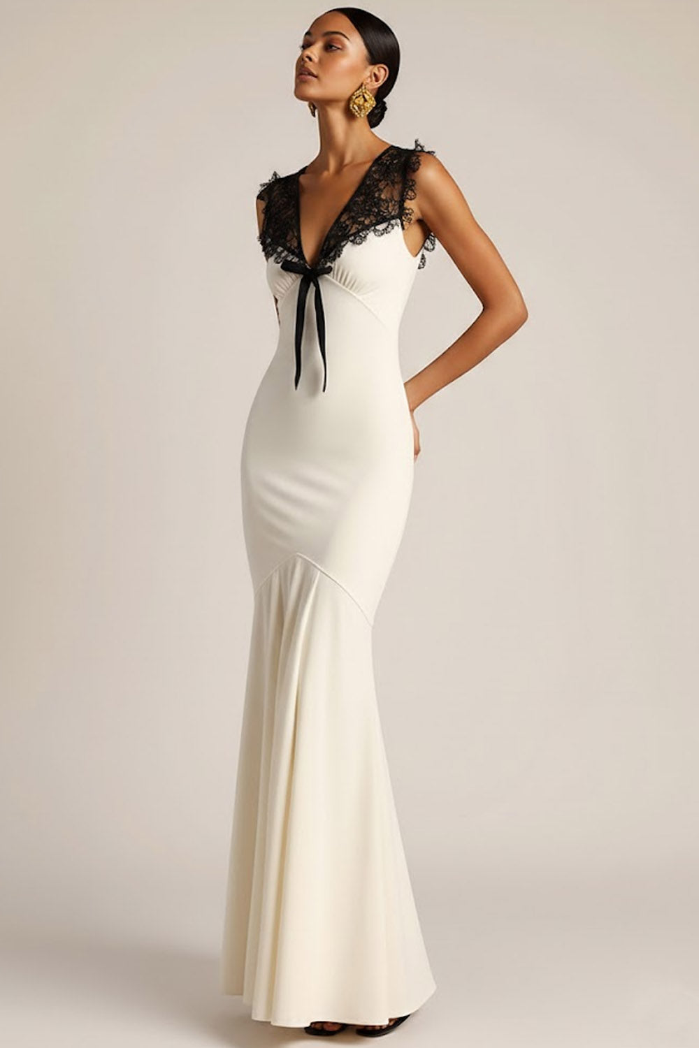 White Mermaid V-Neck Long Formal Dress with Lace