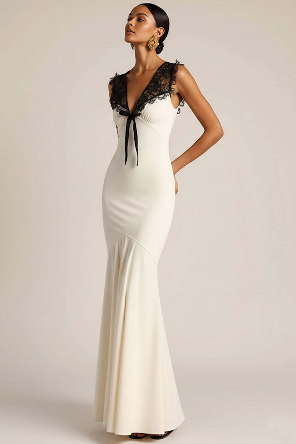 White Mermaid V-Neck Long Formal Dress with Lace