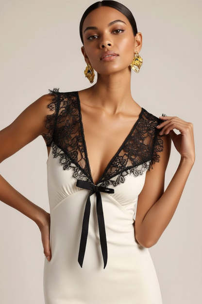 White Mermaid V-Neck Long Formal Dress with Lace