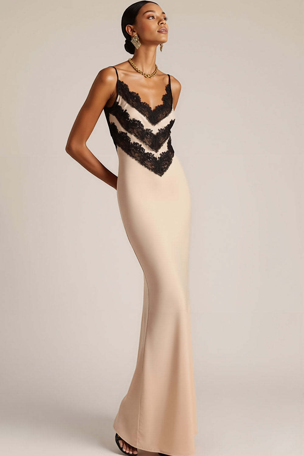 Champagne Spaghetti Straps Long Formal Dress with Lace