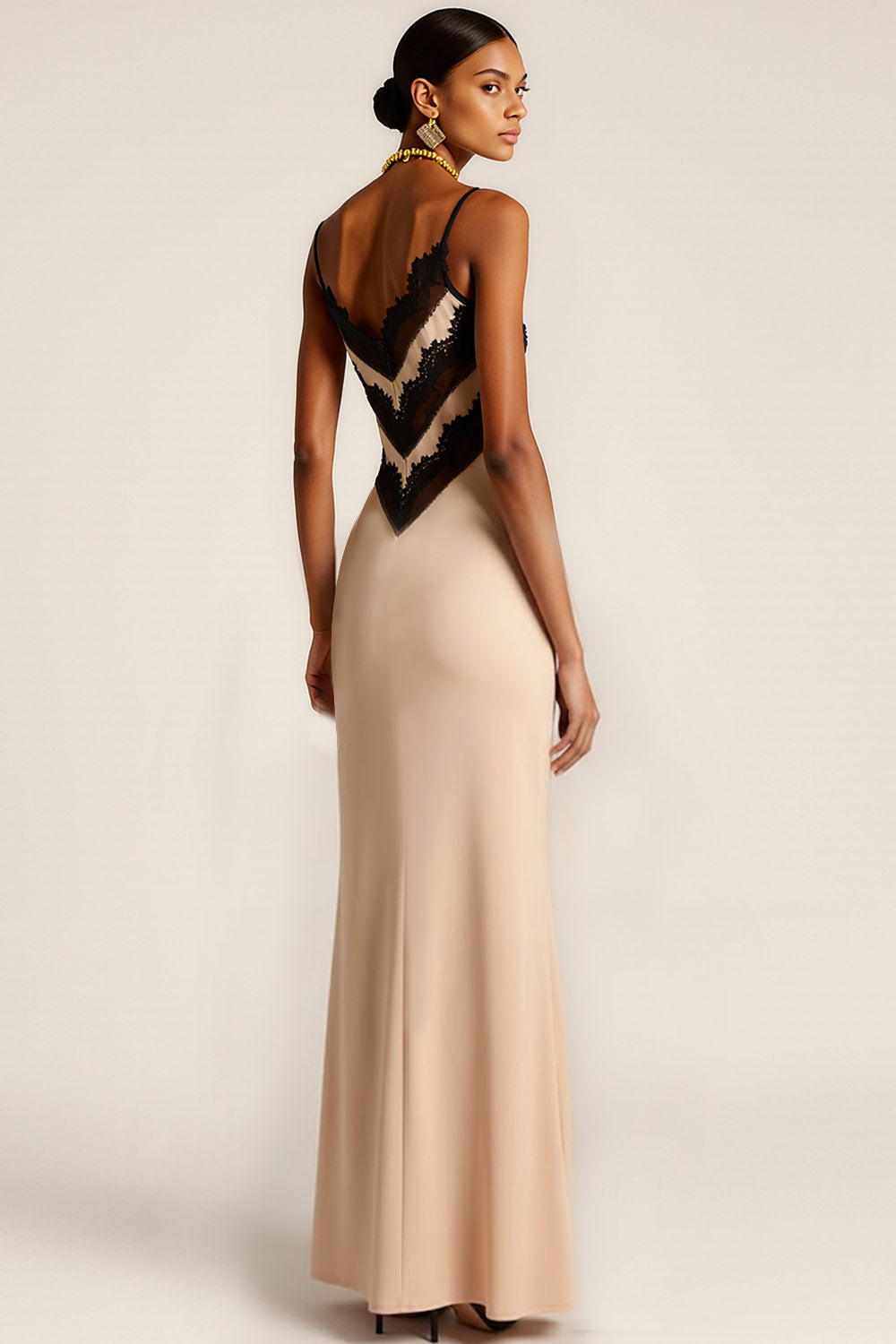 Champagne Spaghetti Straps Long Formal Dress with Lace