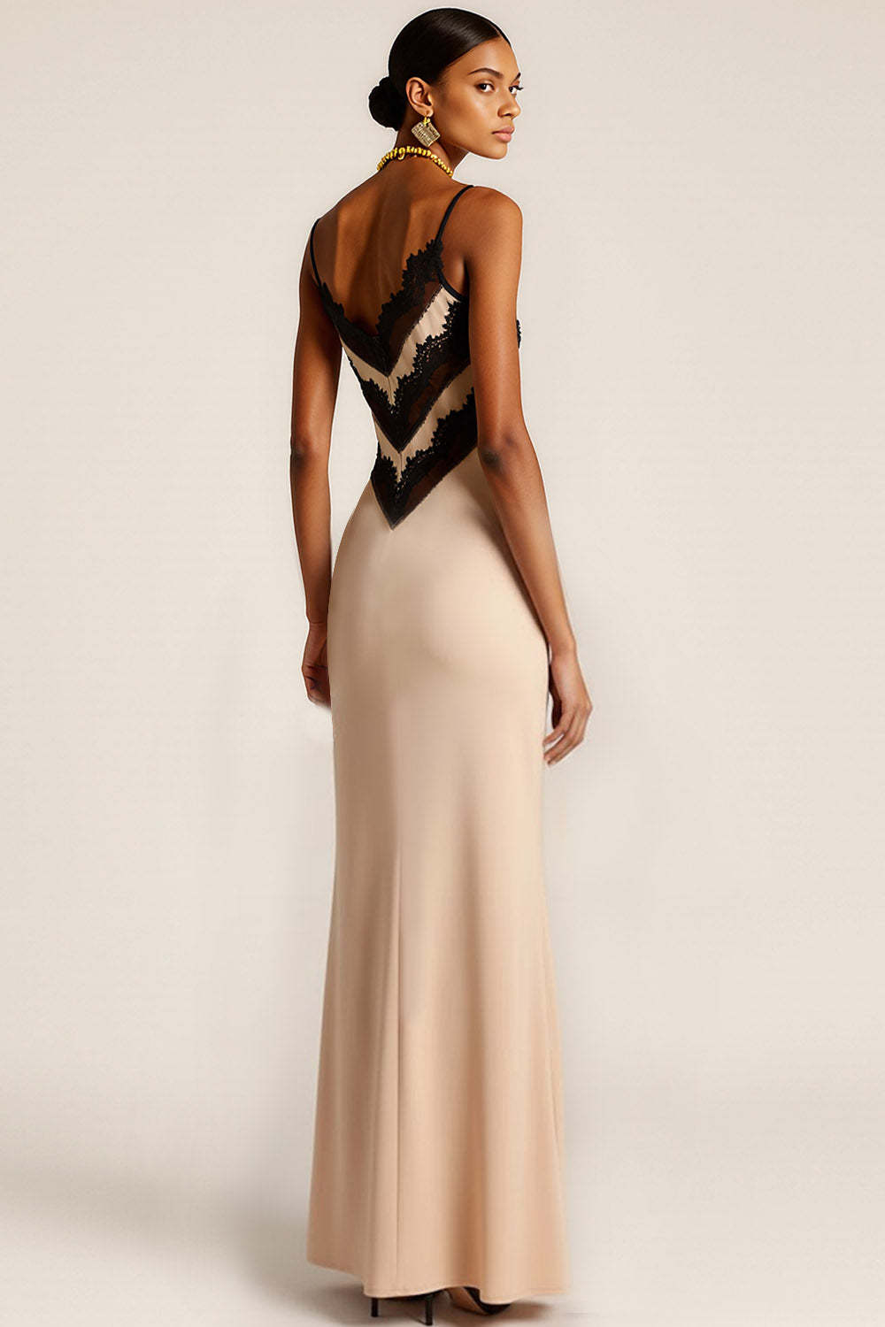 Champagne Spaghetti Straps Long Formal Dress with Lace