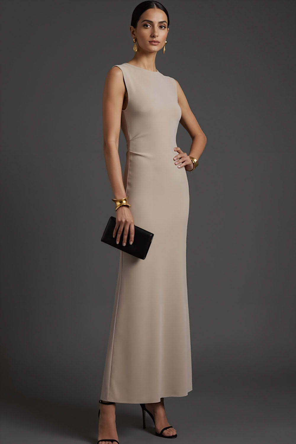 Leely Women Simple Khaki Mermaid Long Formal Dress Jewel Neck Sleeveless Evening Dress