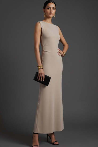 Leely Women Simple Khaki Mermaid Long Formal Dress Jewel Neck Sleeveless Evening Dress