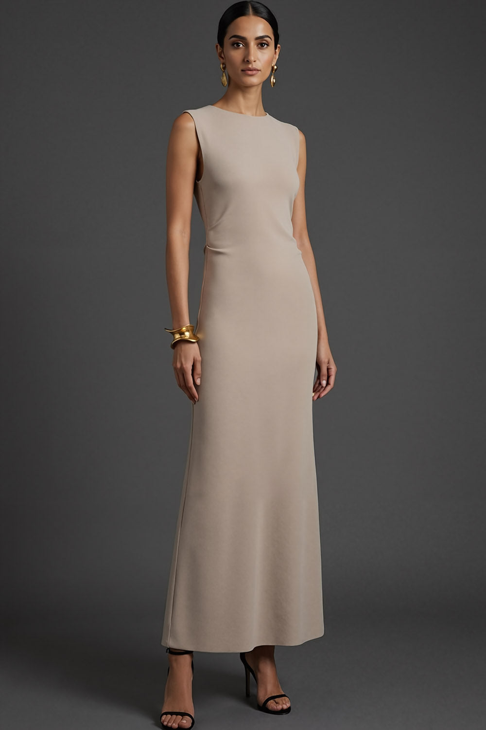 Simple Khaki Mermaid Jewel Neck Long Formal Dress