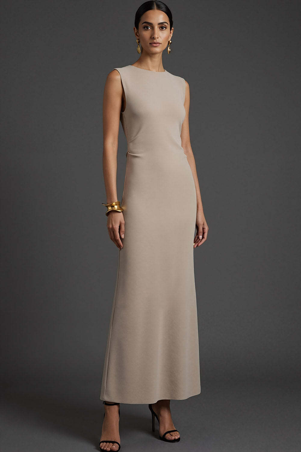 Simple Khaki Mermaid Jewel Neck Long Formal Dress