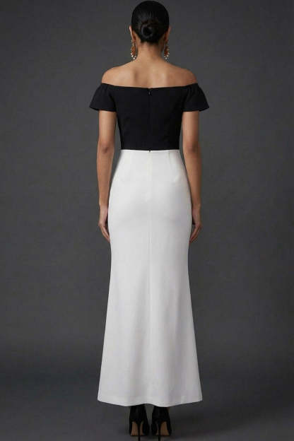 Black and White Patchwork Mermaid Long Formal Dress with Sleeves