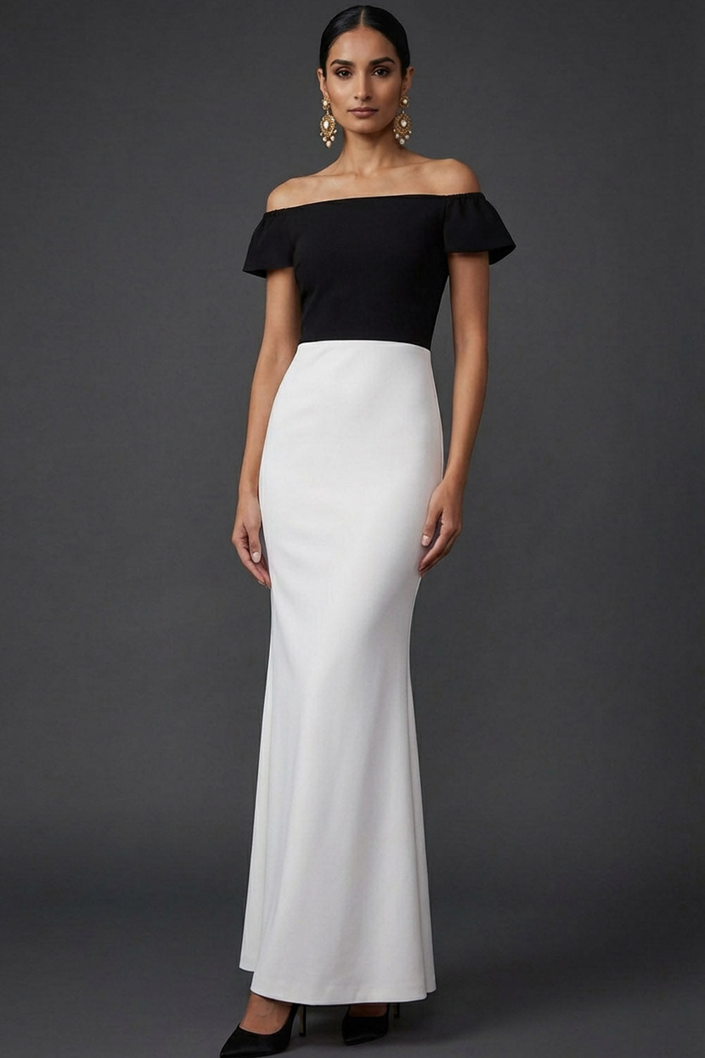 Black and White Patchwork Mermaid Long Formal Dress with Sleeves