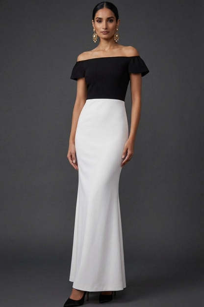 Black and White Patchwork Mermaid Long Formal Dress with Sleeves