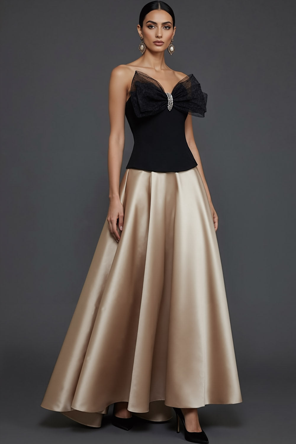 Emerald Green Satin A Line Strapless Long Prom Dress with Bow