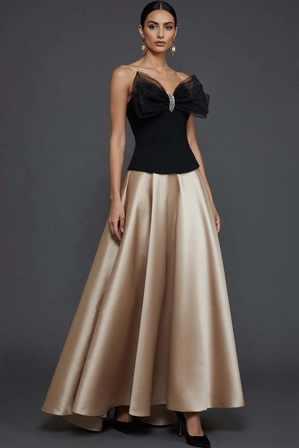 Emerald Green Satin A Line Strapless Long Prom Dress with Bow