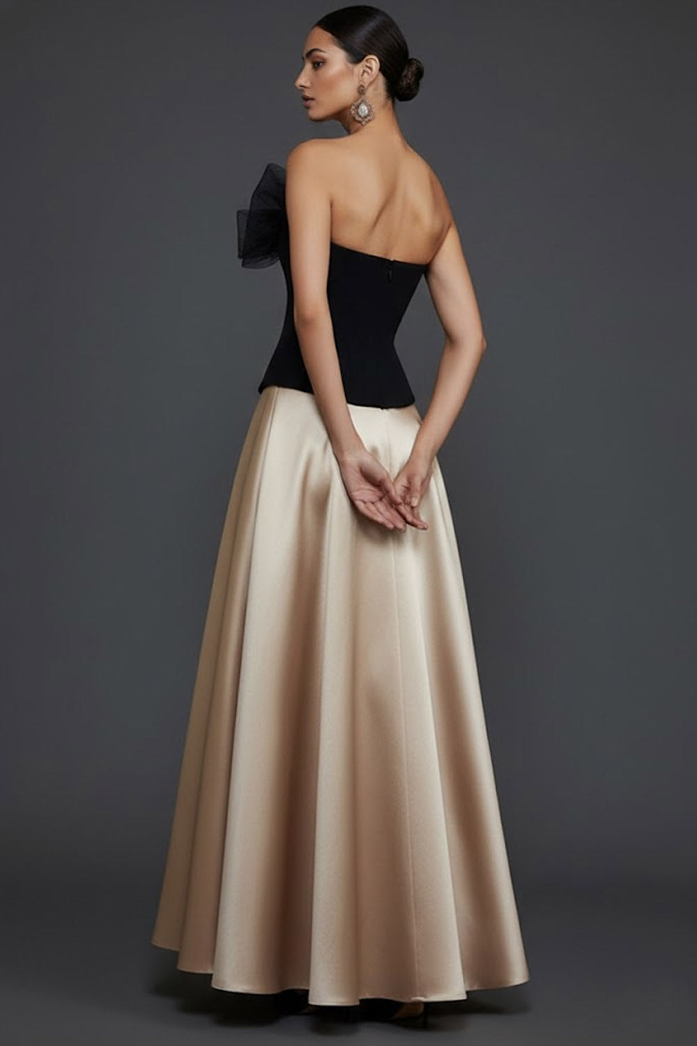 Black and Champagne A Line Strapless Long Prom Dress with Bow