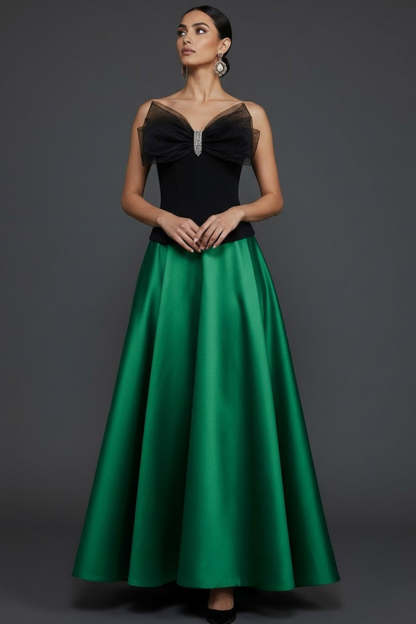 Leely Women Black and Emerald Green Long Prom Dress with Bow A Line Strapless Wedding Guest Dress