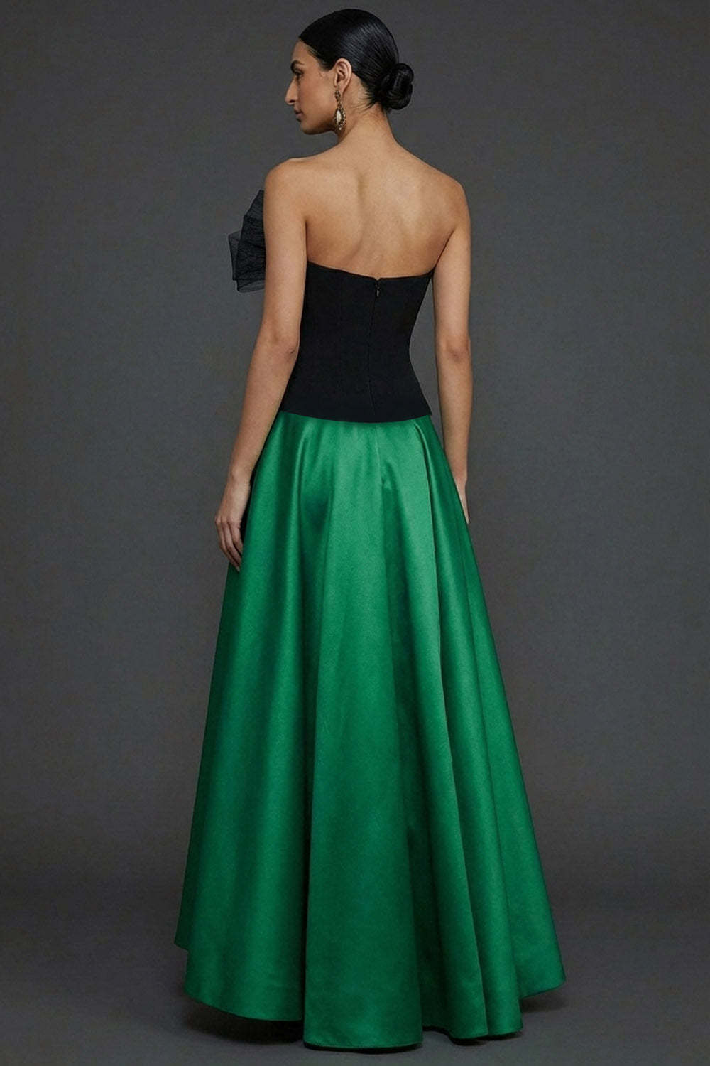Emerald Green Satin A Line Strapless Long Prom Dress with Bow