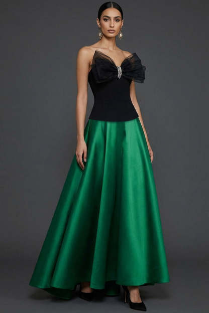 Emerald Green Satin A Line Strapless Long Prom Dress with Bow