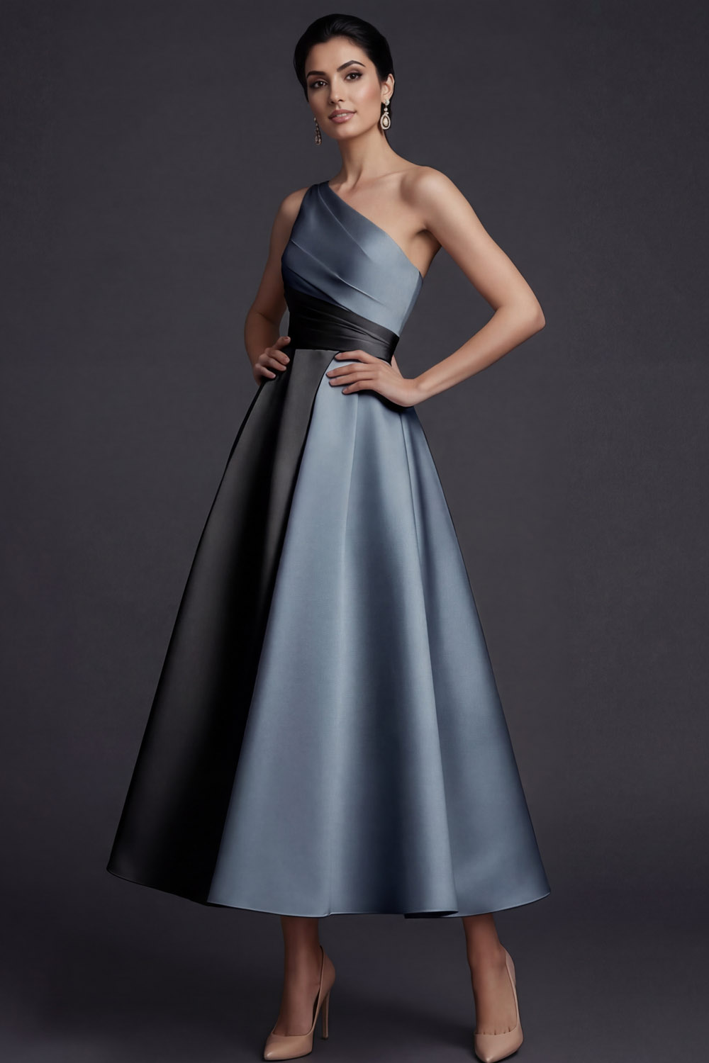 Pink One Shoulder A Line Midi Wedding Guest Dress