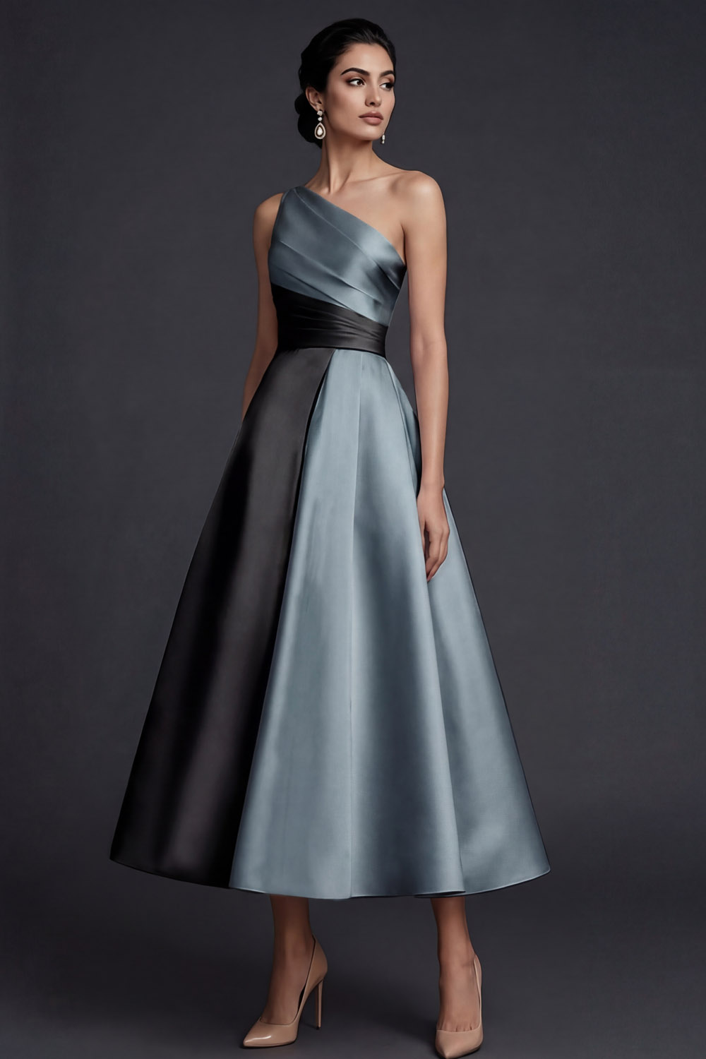 Pink One Shoulder A Line Midi Wedding Guest Dress