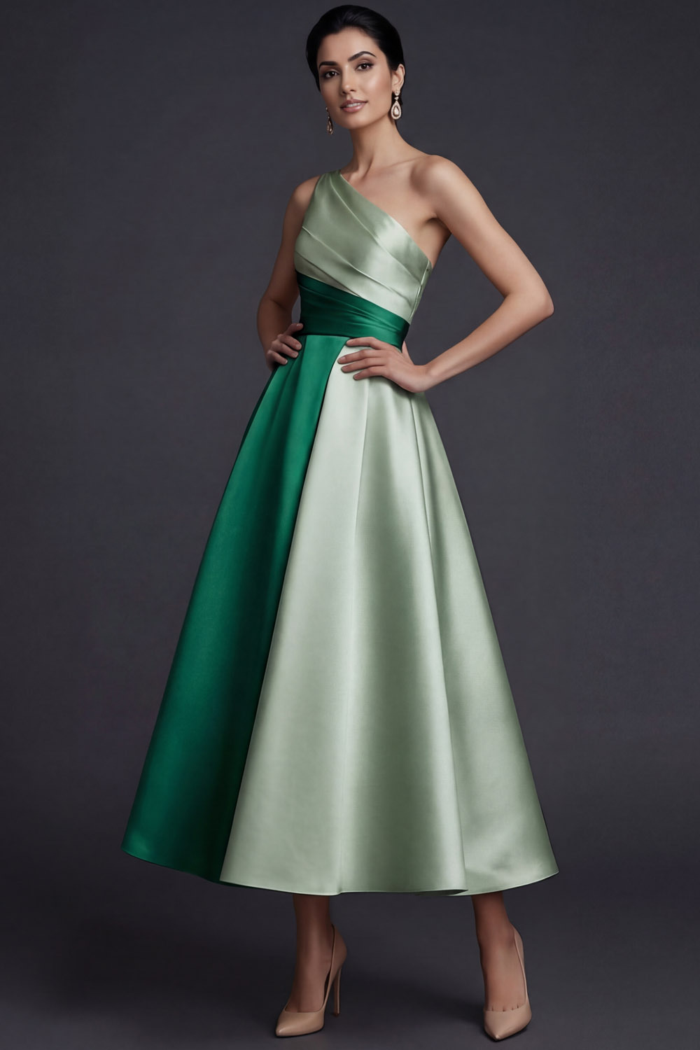 Pink One Shoulder A Line Midi Wedding Guest Dress
