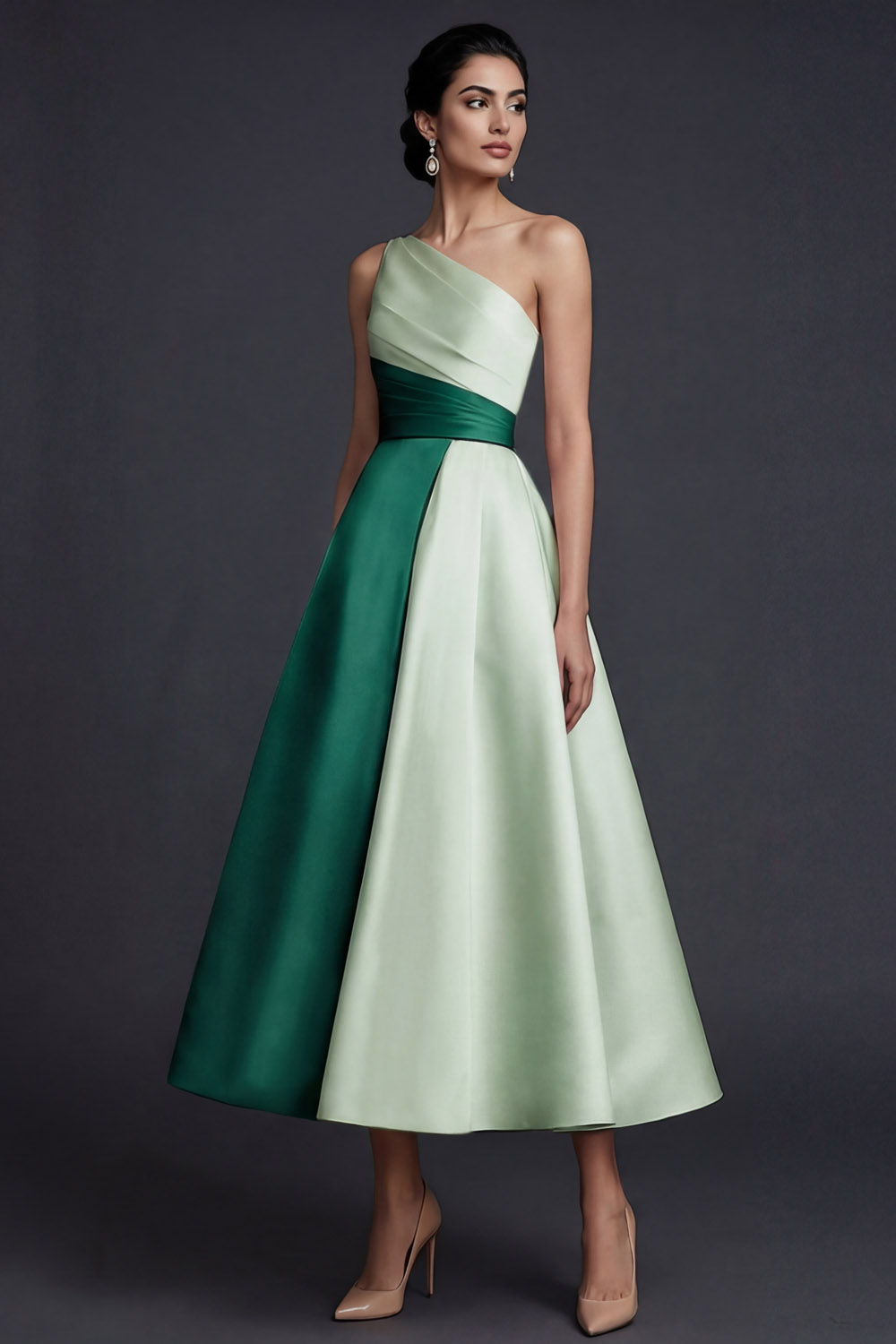 Pink One Shoulder A Line Midi Wedding Guest Dress