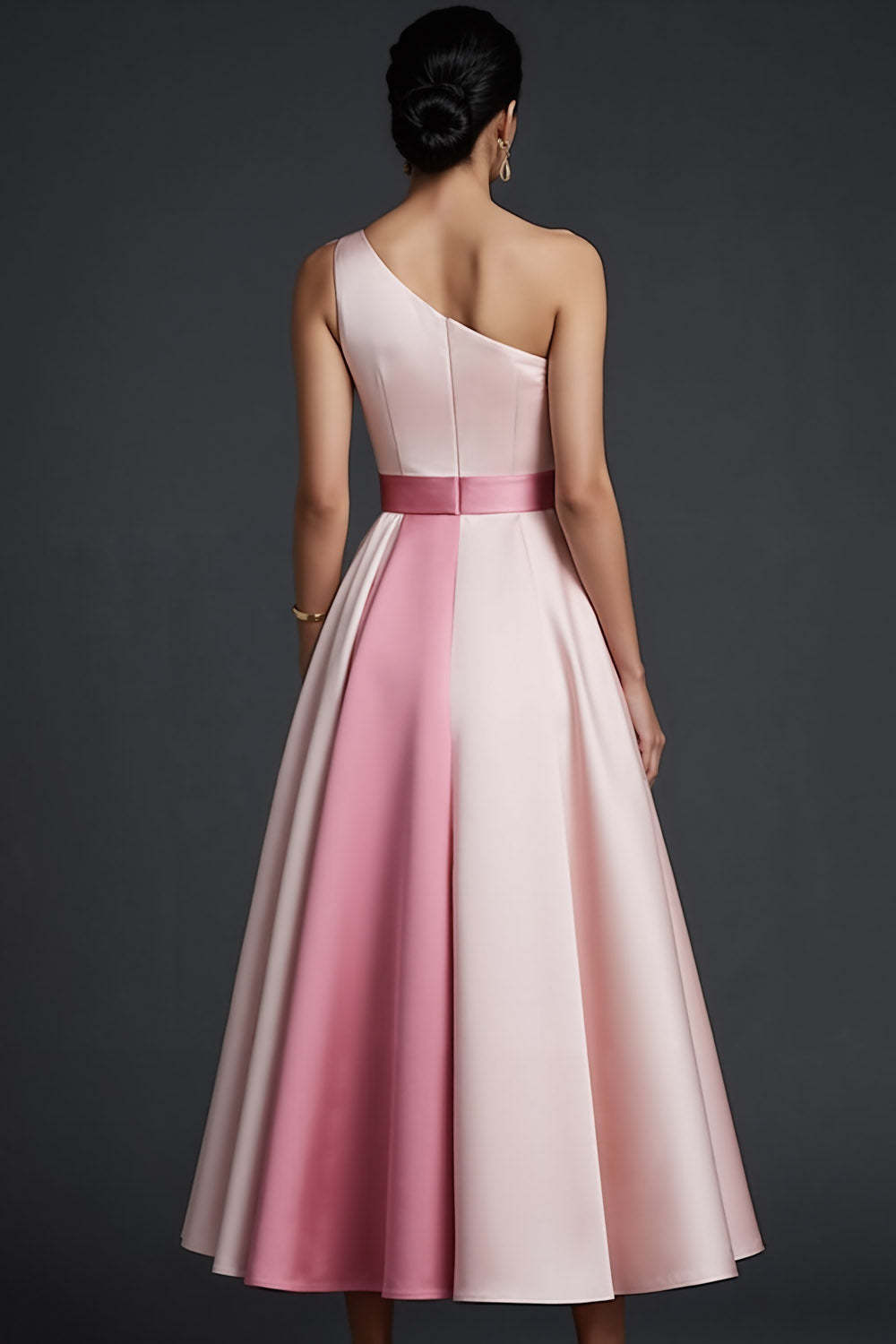 Pink One Shoulder A Line Midi Wedding Guest Dress