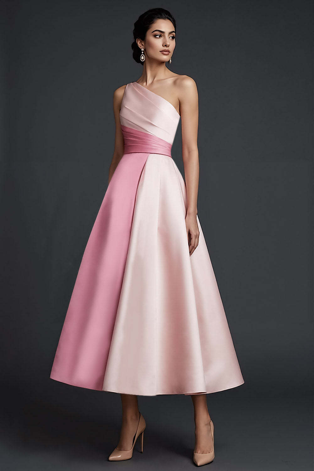 Pink One Shoulder A Line Midi Wedding Guest Dress
