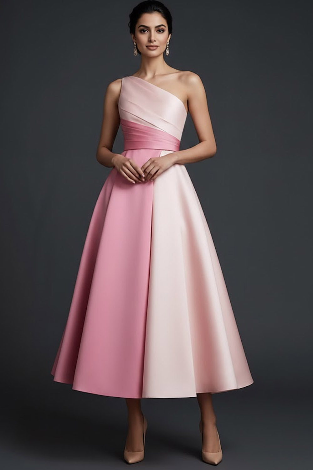 Pink One Shoulder A Line Midi Wedding Guest Dress