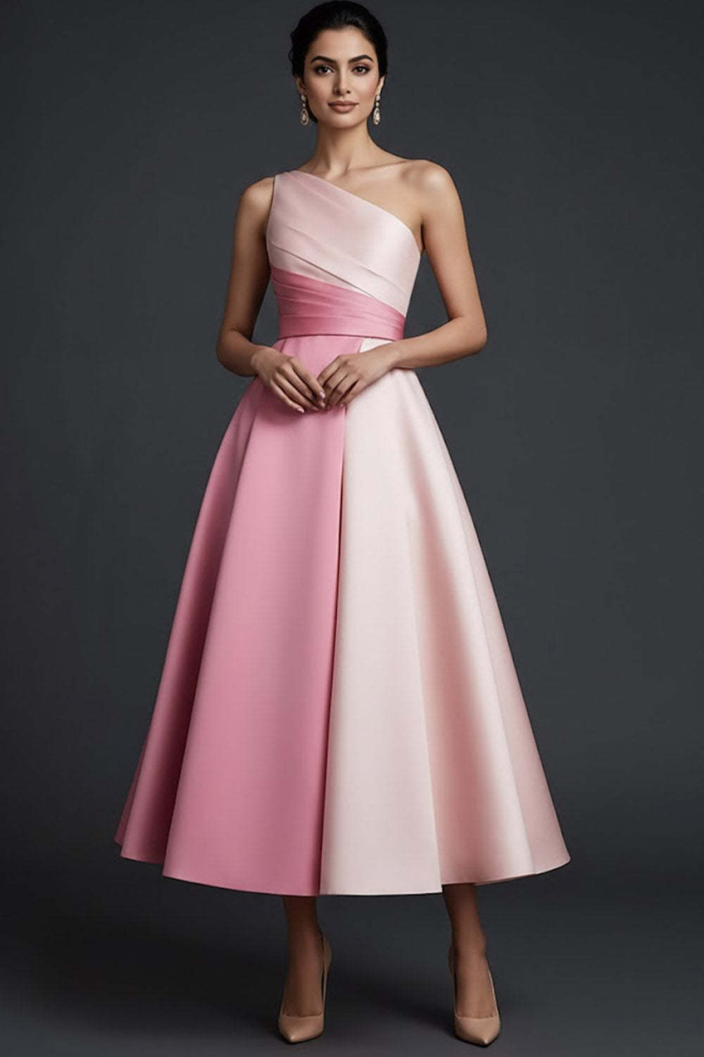Pink One Shoulder A Line Midi Wedding Guest Dress