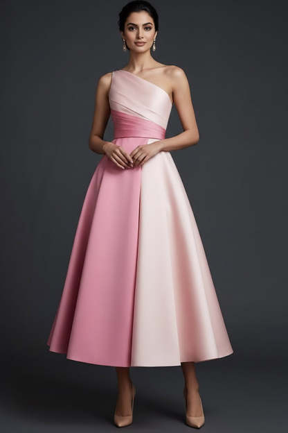 Pink One Shoulder A Line Midi Wedding Guest Dress