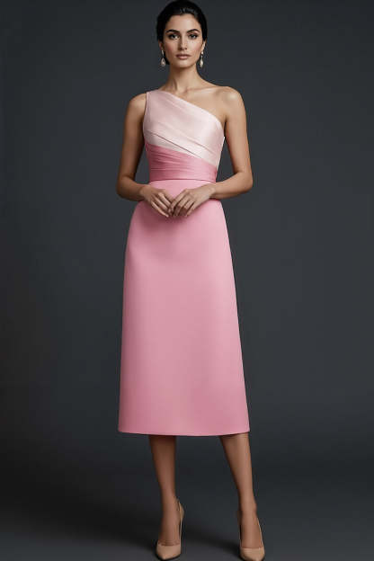Leely Women Pink Midi Wedding Guest Dress One Shoulder Sheath Ruched Gala Dress