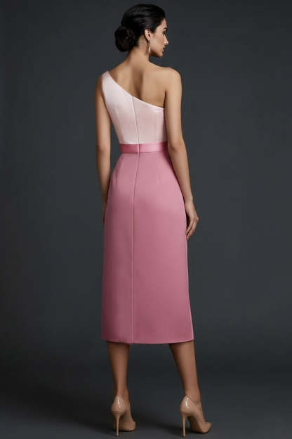 Pink One Shoulder Ruched Midi Patchwork Wedding Guest Dress