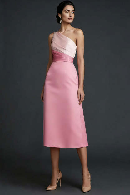 Pink One Shoulder Ruched Midi Patchwork Wedding Guest Dress