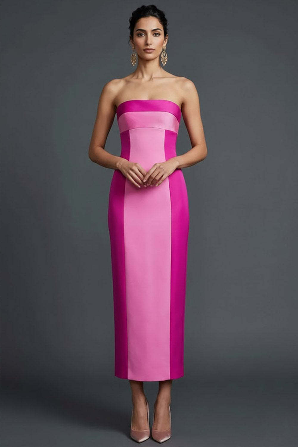 Leely Women Fuchsia Long Wedding Guest Dress Strapless Sheath Patchwork Gala Dress