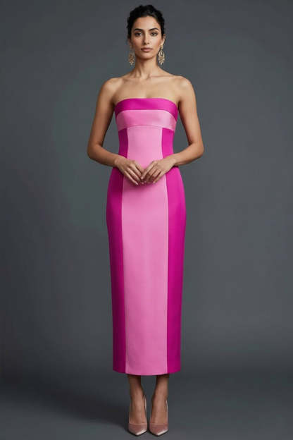 Leely Women Fuchsia Long Wedding Guest Dress Strapless Sheath Patchwork Gala Dress