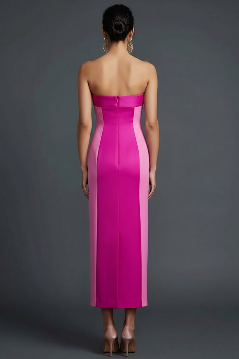 Fuchsia Patchwork Strapless Sheath Long Wedding Guest Dress