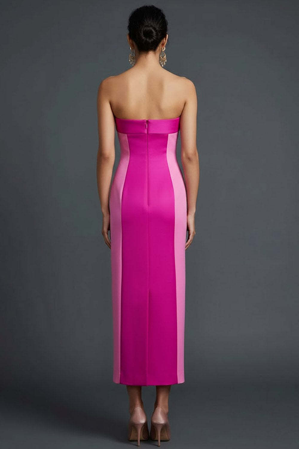 Fuchsia Patchwork Strapless Sheath Long Wedding Guest Dress