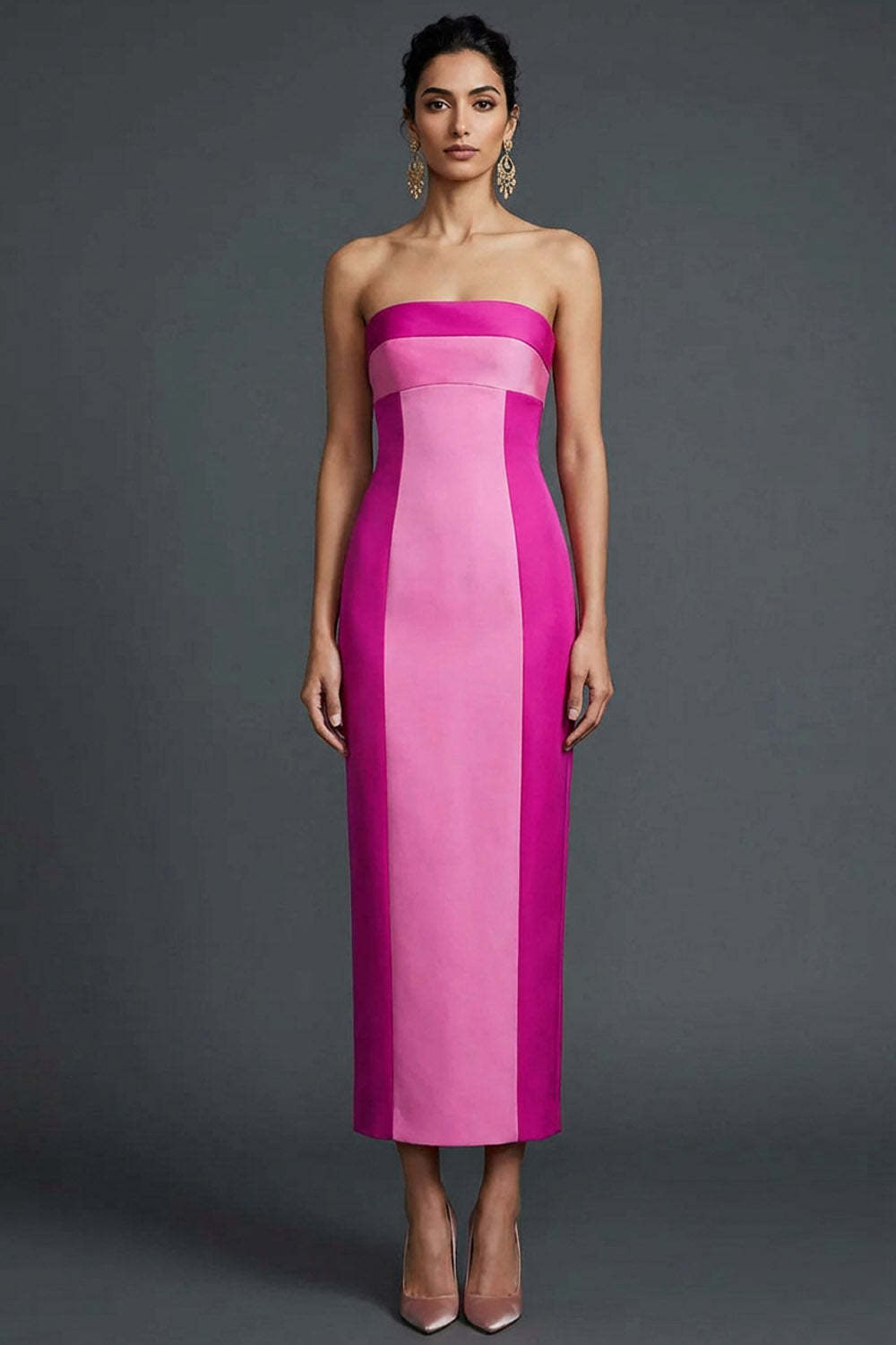 Fuchsia Patchwork Strapless Sheath Long Wedding Guest Dress