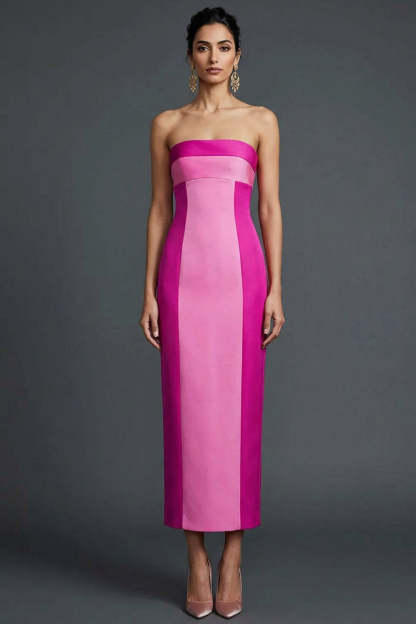 Fuchsia Patchwork Strapless Sheath Long Wedding Guest Dress