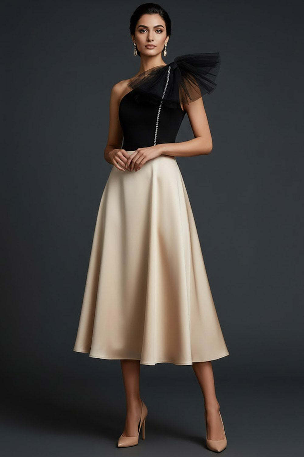 Leely Women Black and Champagne Midi Wedding Guest Dress Satin One Shoulder A Line Gala Dress with Bow