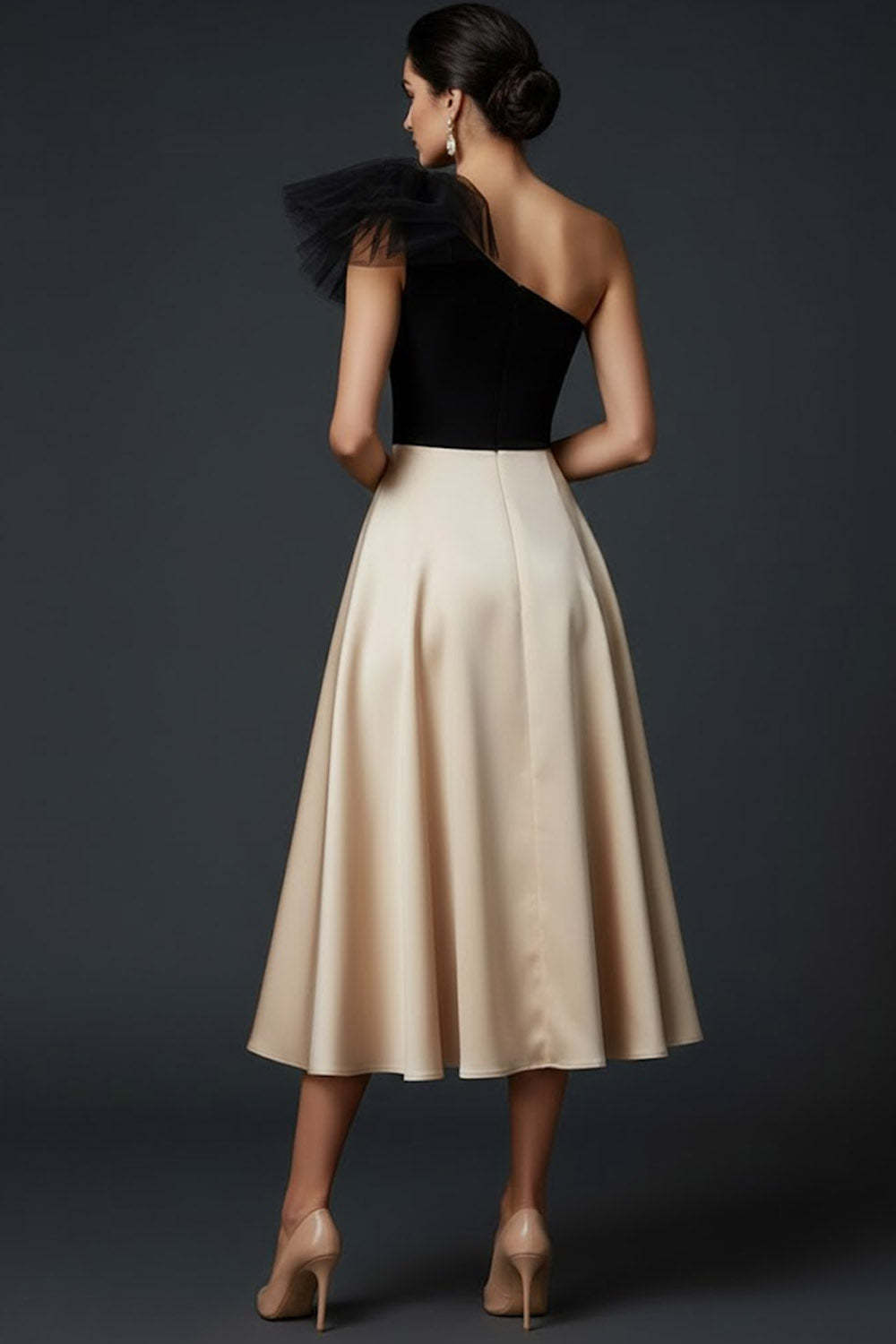 Black and Champagne One Shoulder A Line Midi Wedding Guest Dress with Bow