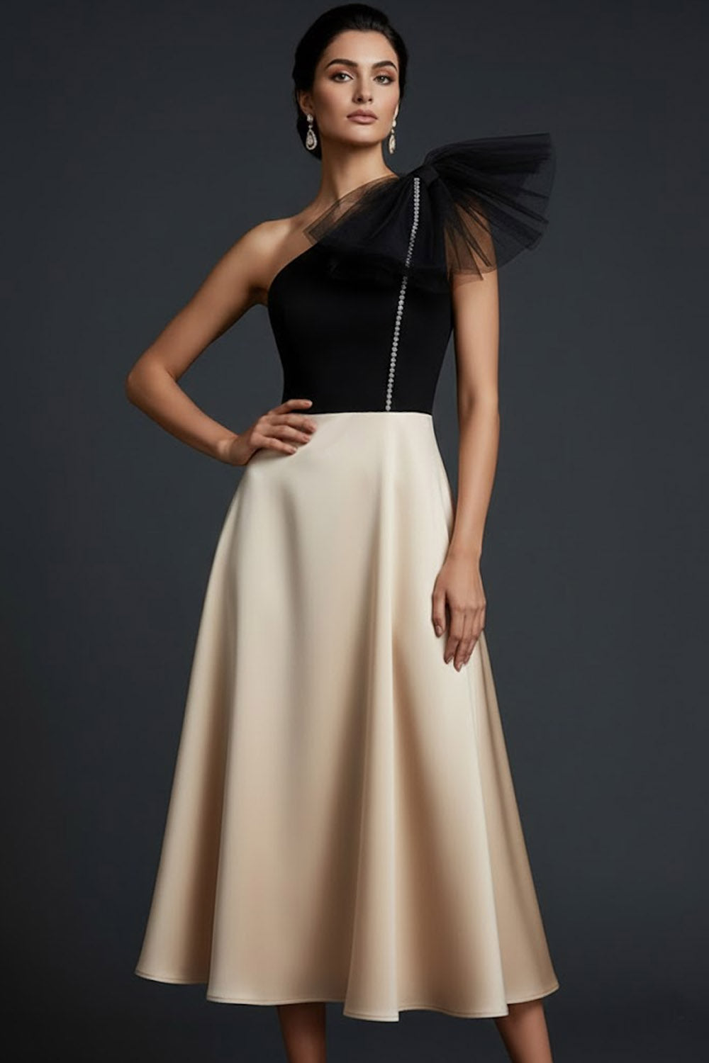 Black and Champagne One Shoulder A Line Midi Wedding Guest Dress with Bow