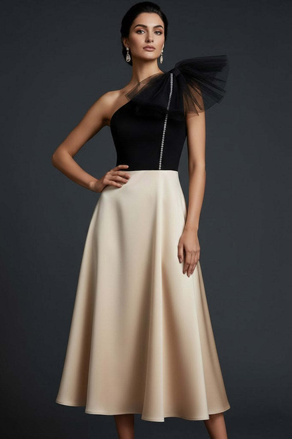 Black and Champagne One Shoulder A Line Midi Wedding Guest Dress with Bow