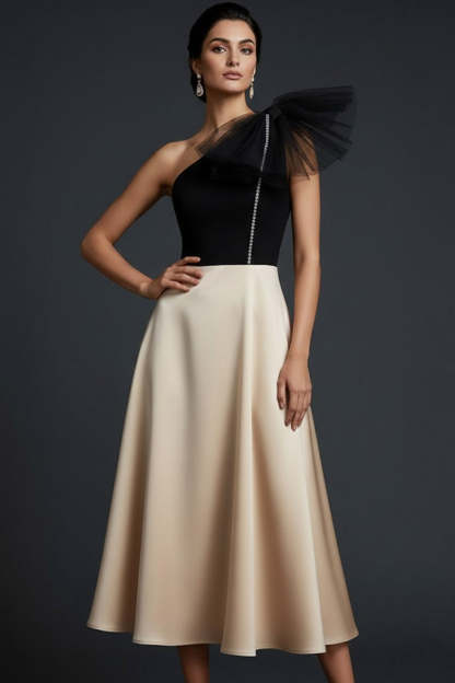 Black and Champagne One Shoulder A Line Midi Wedding Guest Dress with Bow