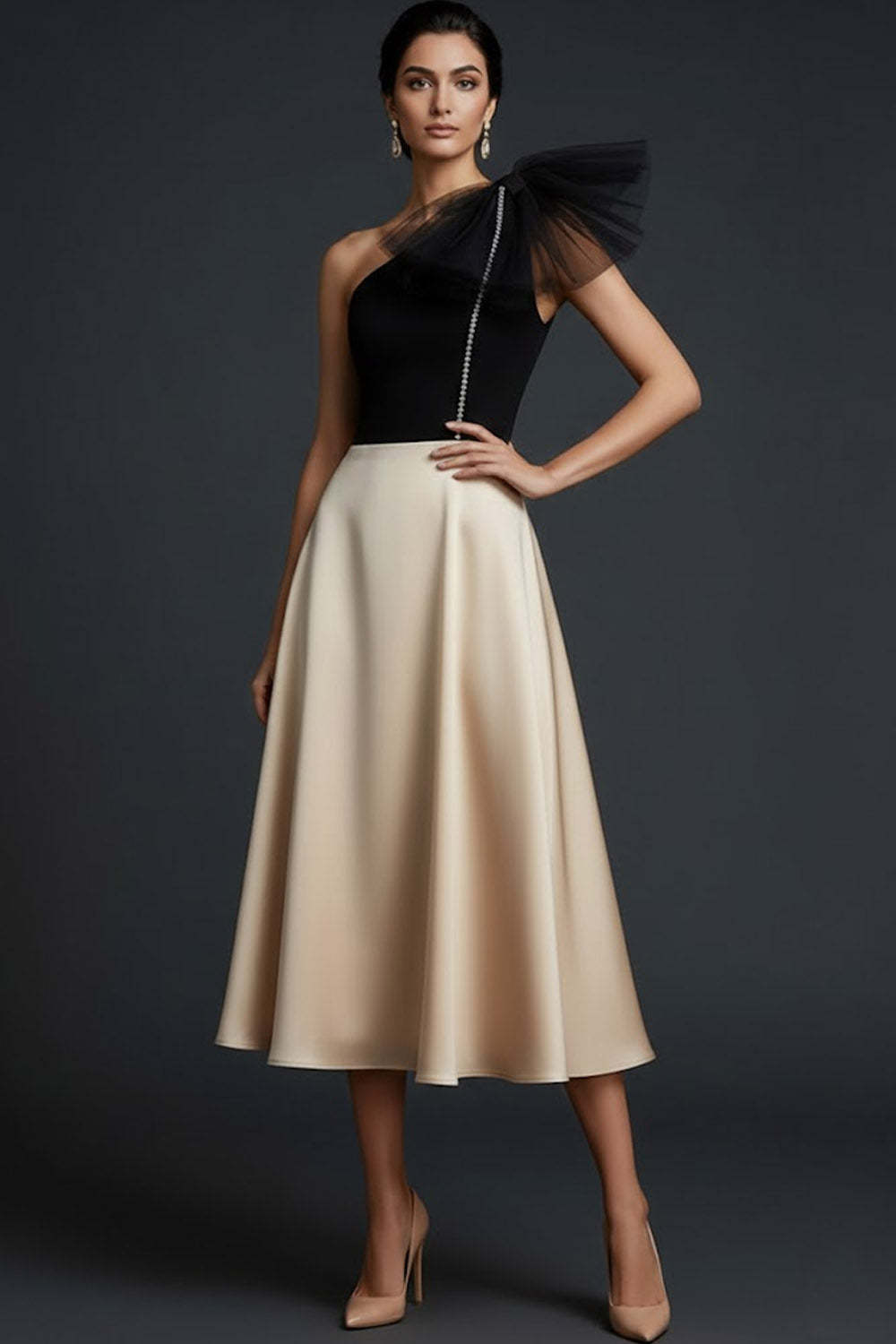 Black and Champagne One Shoulder A Line Midi Wedding Guest Dress with Bow