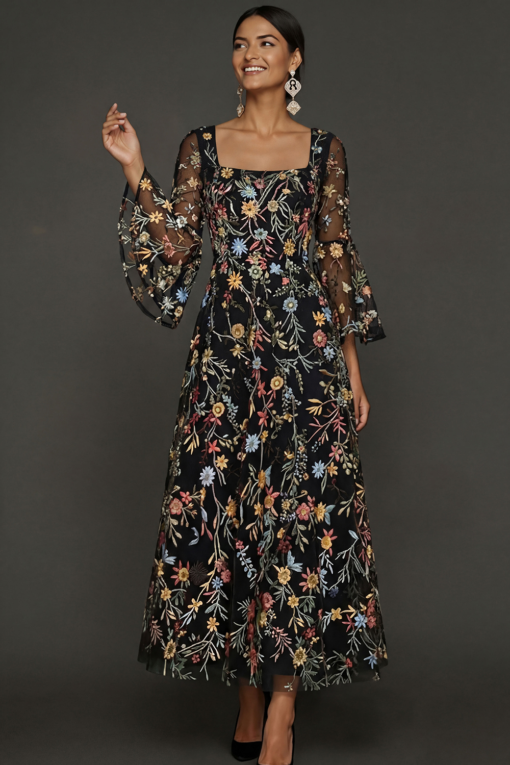 Mauve Floral A Line Embroidered Flutter Sleeves Long Prom Dress